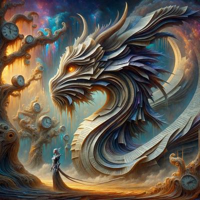 The primary subject of the image is a woman standing in front of a large, intricate dragon. The dragon is made of books and appears to be a part of a surreal, artistic scene. The setting is a forest, with trees visible in the background. The visual style is a combination of digital art and illustration, creating a unique and captivating image. The dominant colors are a mix of earthy tones and vibrant hues, giving the scene a surreal and dreamlike atmosphere.